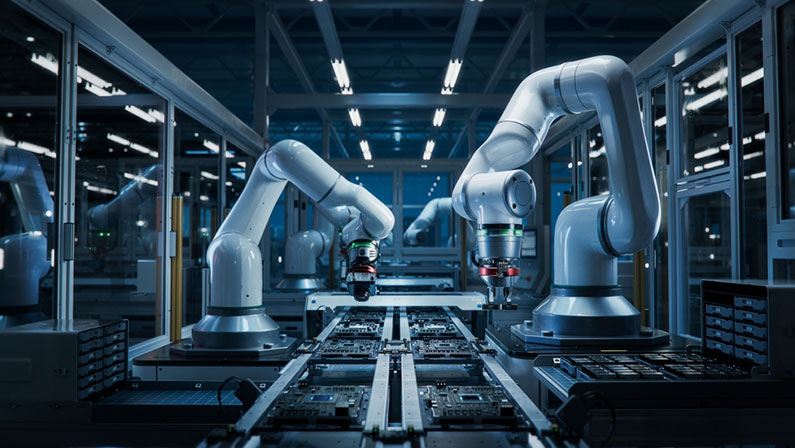 Automated robotic arms in a high-tech factory, showcasing innovation and modern economic development trends in manufacturing.