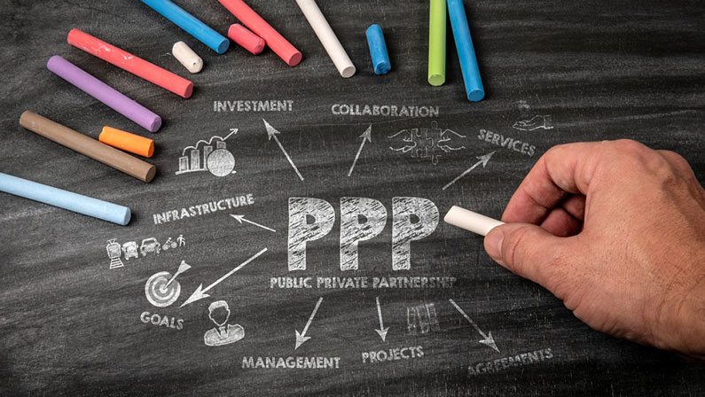 Chalkboard diagram illustrating Public-Private Partnerships (PPP) with keywords like investment, collaboration, and infrastructure.