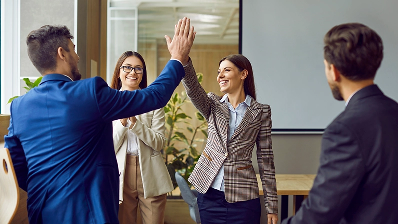 Professionals celebrating success with a high-five, symbolizing teamwork and business development coaching for growth and strategy.