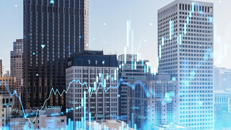 Digital financial graphs overlaying a city skyline, symbolizing investment and economic growth in infrastructure development.