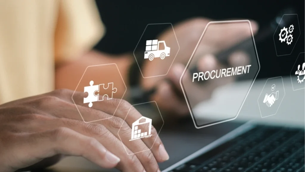 Procurement Management Industry concept. Person using laptop with procurement icon on virtual screen for with supply chain and retail logistics.