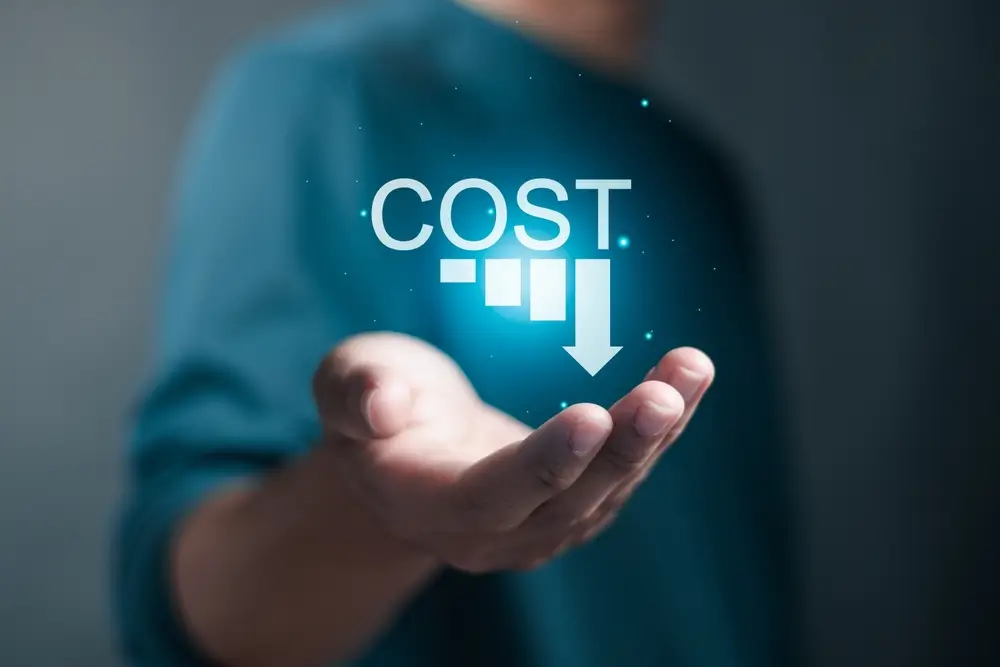 Person holding cost icon on virtual screen.