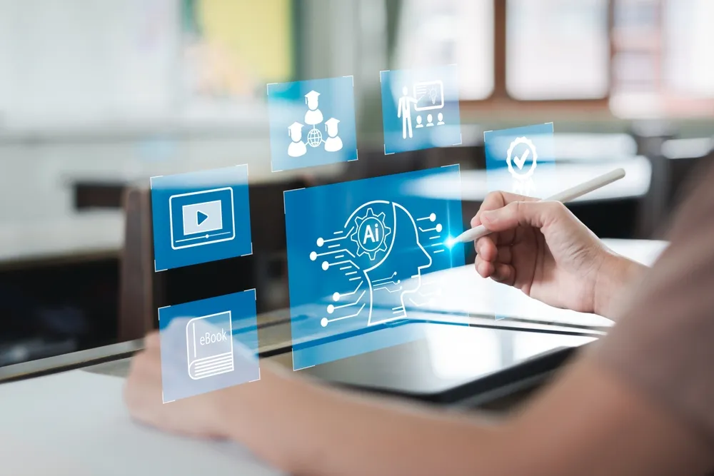 A hand interacts with a digital screen displaying labor analytics icons, focusing on efficiency and workflow.