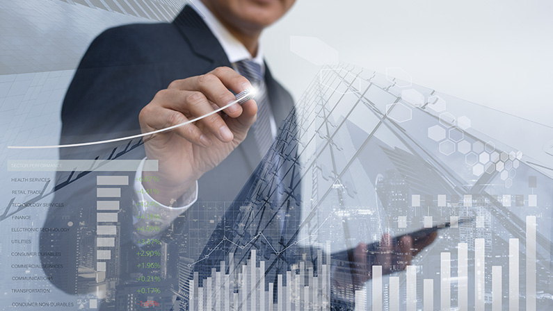 Stock market analysis, business intelligence, profits presentation, double exposure businessman analyzing financial graph, sector performance, financial background, cityscape, economic growth report