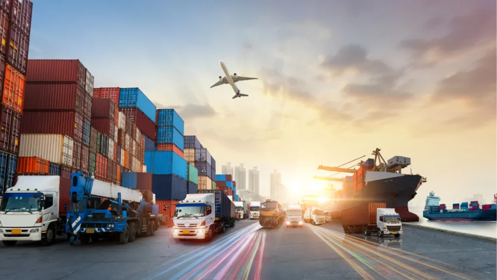 Global business of Container Cargo freight train for Business logistics concept, Air cargo trucking, Rail transportation and maritime shipping, Online goods orders worldwide
