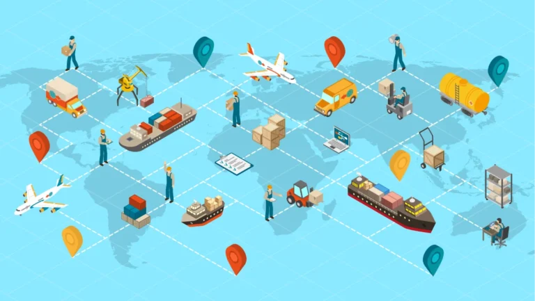 International logistic company worldwide operations with cargo distribution shipment and transportations map isometric poster abstract illustration