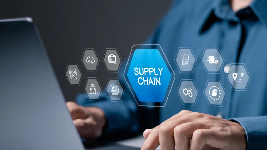 SCM, supply chain management concept, Logistic and transport, organizing and controlling resources to meet the needs of customers. Businessman use laptop with supply chain icon on virtual screen.