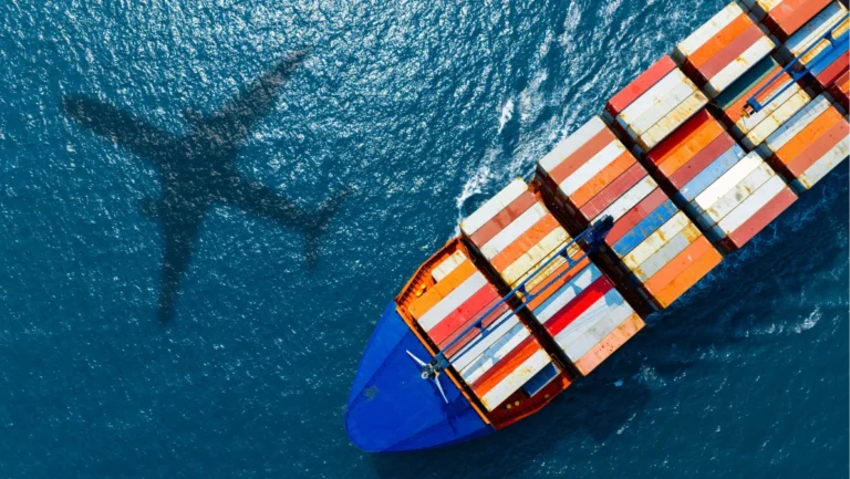 Aerial view of the freight shipping transport system cargo ship container. international transportation Export-import business, logistics, transportation industry concepts