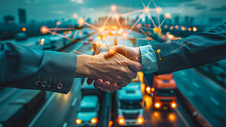Smart logistics, Global business concept. Businessman making handshake for successful business, investment deal teamwork and partnership business partners on logistic global network and supply chain