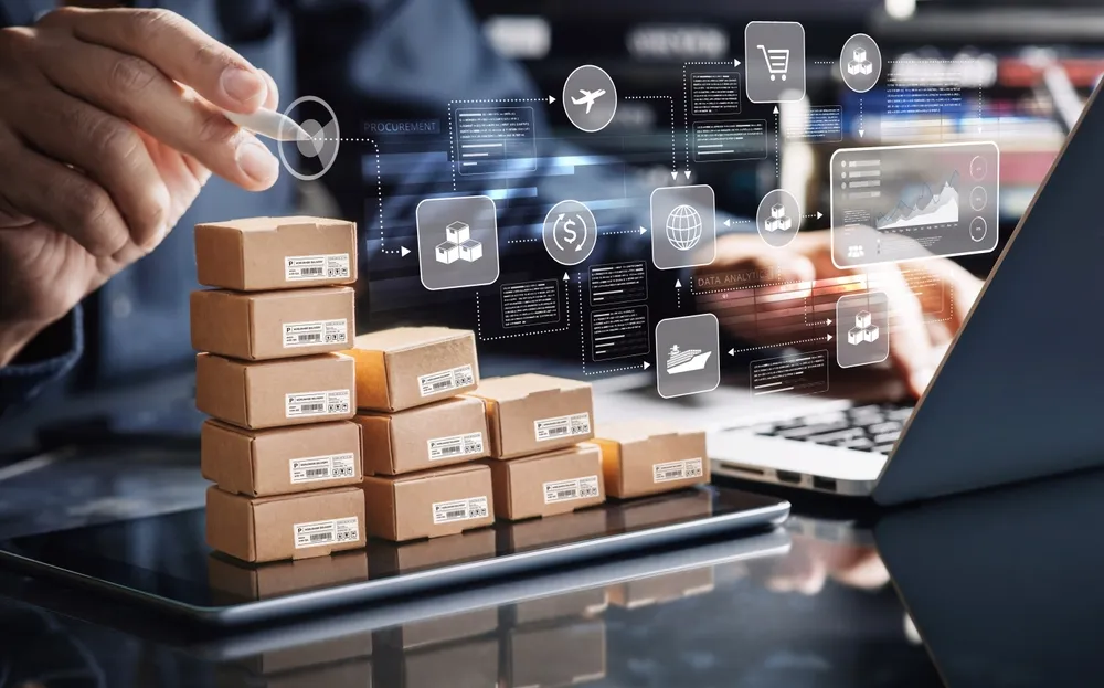 Digital logistics system with packages and data icons, showing an SME working with the public sector to streamline procurement.