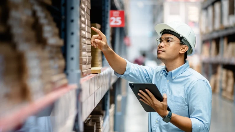 Businessman or supervisor uses a digital tablet to check the stock inventory in furniture large warehouses, a Smart warehouse management system, supply chain and logistic network technology concept.