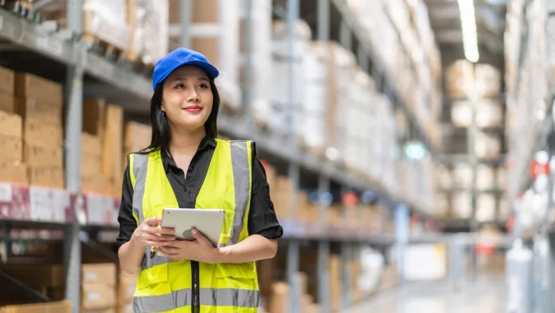 Female engineer is handling shipping and checking stock inventory in the warehouse with a tablet, industry, import-export, inventory management, logistics, global transportation at warehouse, business
